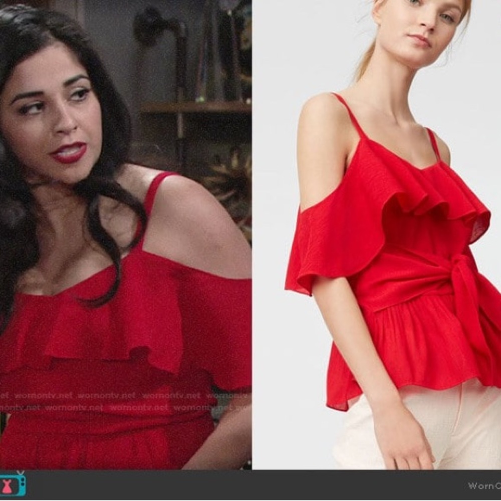 Club Monaco Cold Shoulder Blouse Tie 6 Red S Ruffle As Seen On TV Young Restless